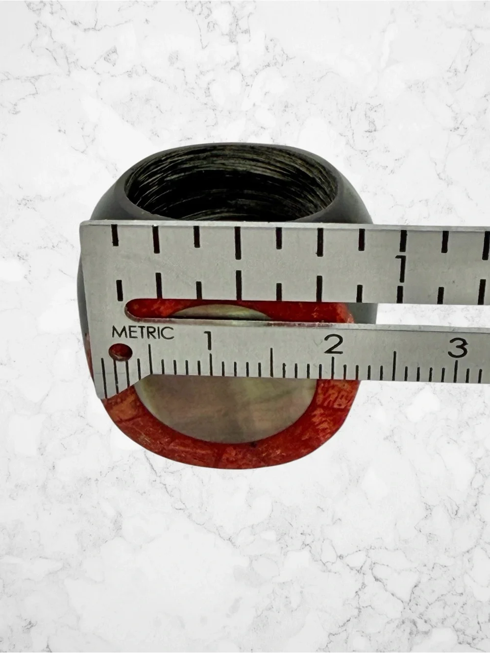 Hand Carved Ring Wood Black Red Burgundy Silver Lacquered Chunky Boho 7.5”